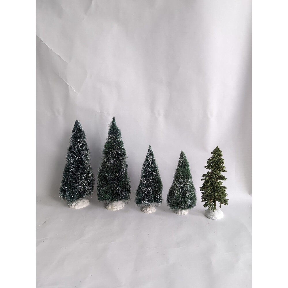 Vtg Bottle Brush Christmas Trees Flocked White Base Village Lot of 5 Vintage